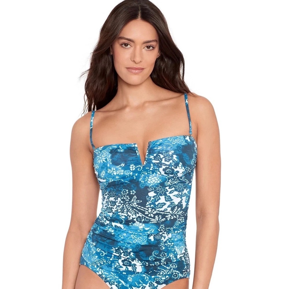 Lauren Ralph Lauren Blue Batik Floral V-Wire Tankini Top Swimwear Size‎ 10 NEW